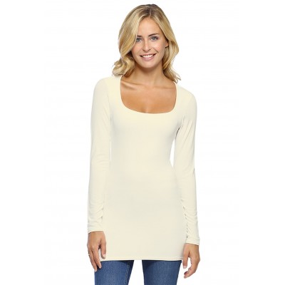 T-shirt long col carré doublé devant manches longues en viscose