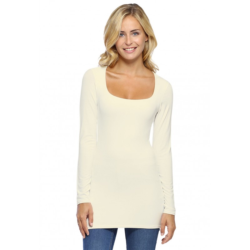 T-shirt long col carré doublé devant manches longues en viscose T-shirt long col carré doublé devant manches longues en viscose