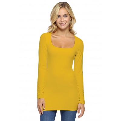 T-shirt long col carré doublé devant manches longues en viscose