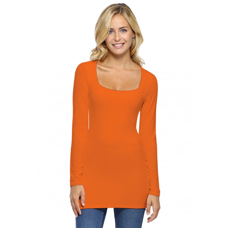 T-shirt long col carré doublé devant manches longues en viscose