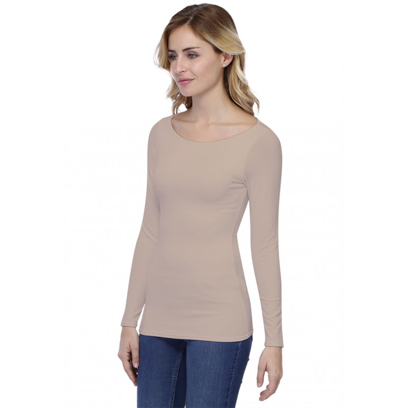 T-shirt col bateau doublé devant manches longues en modal DORIS05 T-shirt col bateau doublé devant manches longues en modal DORIS05