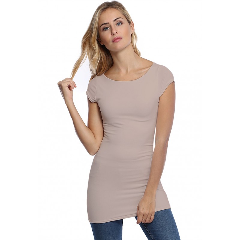 T-shirt long col bateau doublé devant en modal DORIS07 T-shirt long col bateau doublé devant en modal DORIS07