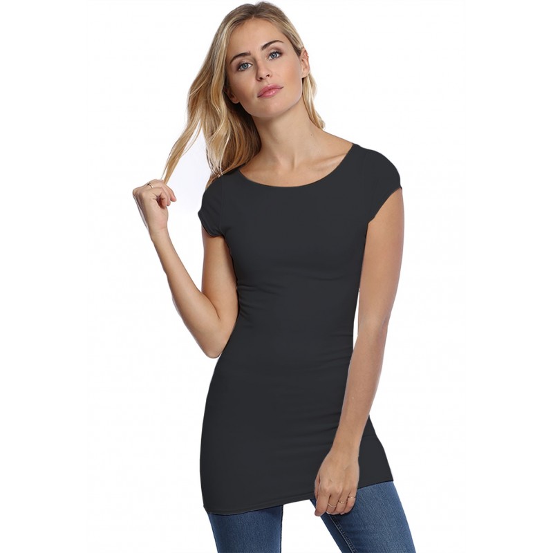 T-shirt long col bateau doublé devant en modal DORIS07 T-shirt long col bateau doublé devant en modal DORIS07