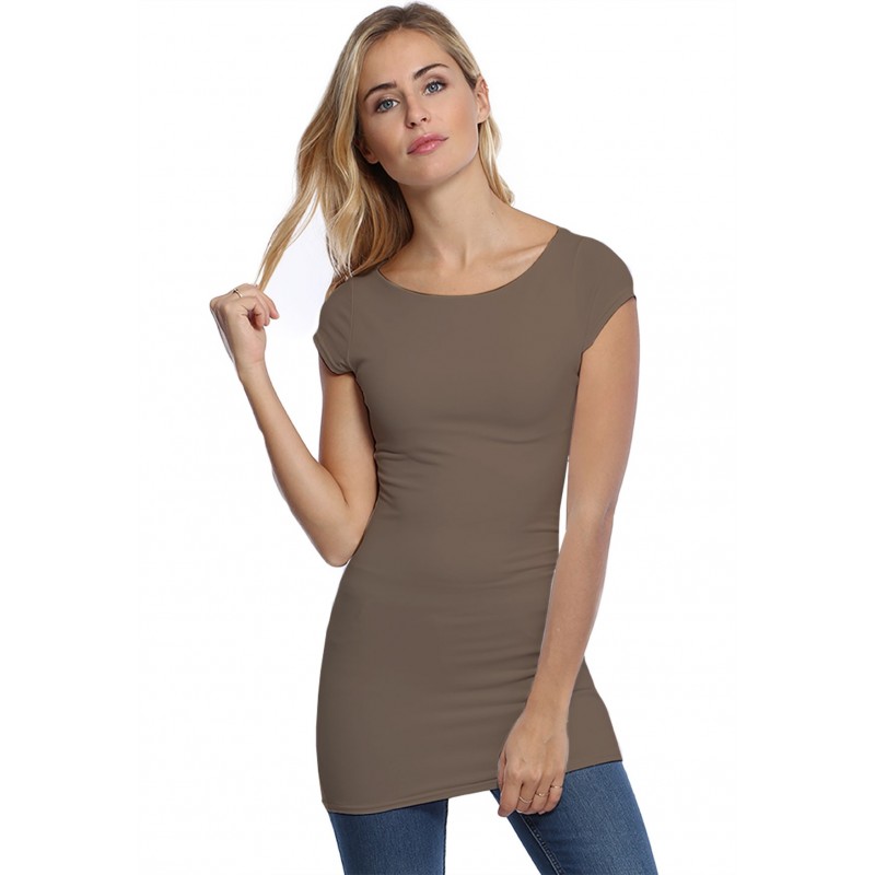 T-shirt long col bateau doublé devant en modal DORIS07 T-shirt long col bateau doublé devant en modal DORIS07