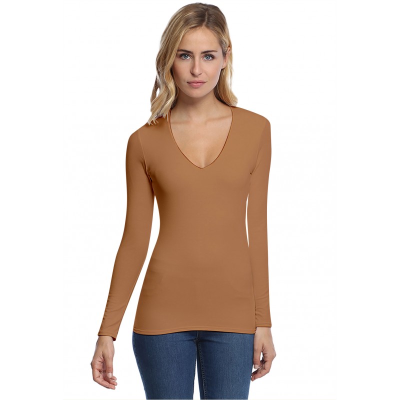 T-shirt col V doublé devant manches longues en modal SYLVIA05 T-shirt col V doublé devant manches longues en modal SYLVIA05