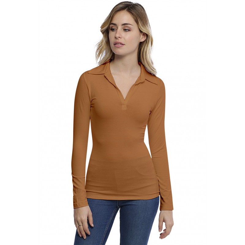 T-shirt col polo manches longues en modal GLORIA05 T-shirt col polo manches longues en modal GLORIA05