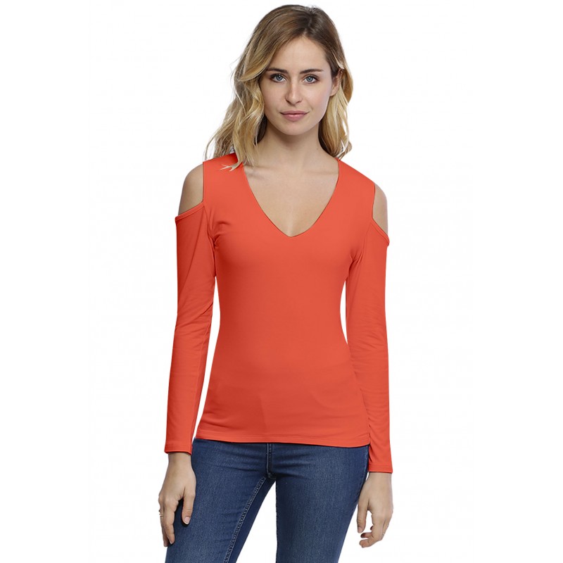 T-shirt col V épaules nues manches longues en modal ALBA05 T-shirt col V épaules nues manches longues en modal ALBA05