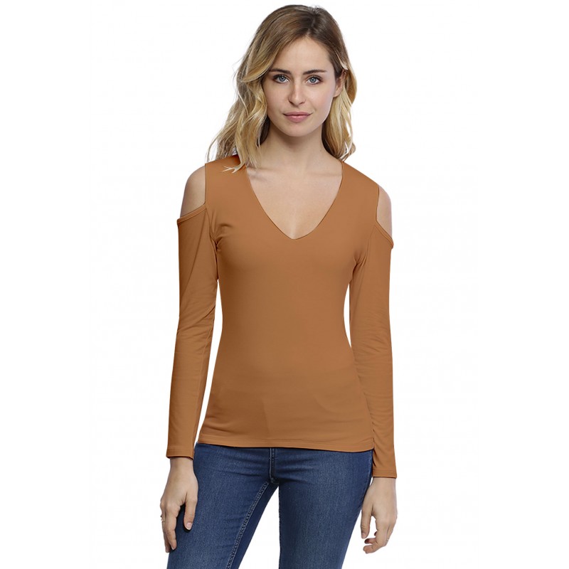 T-shirt col V épaules nues manches longues en modal ALBA05 T-shirt col V épaules nues manches longues en modal ALBA05