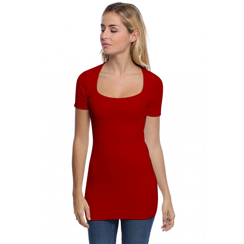 T-shirt long col carré doublé devant manches courtes en modal CLARA08