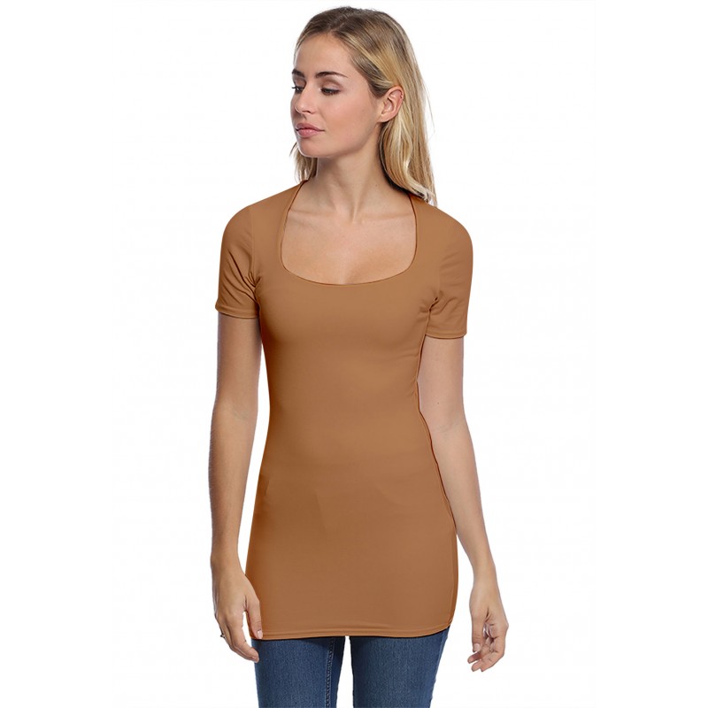 T-shirt long col carré doublé devant manches courtes en modal CLARA08 T-shirt long col carré doublé devant manches courtes en modal CLARA08