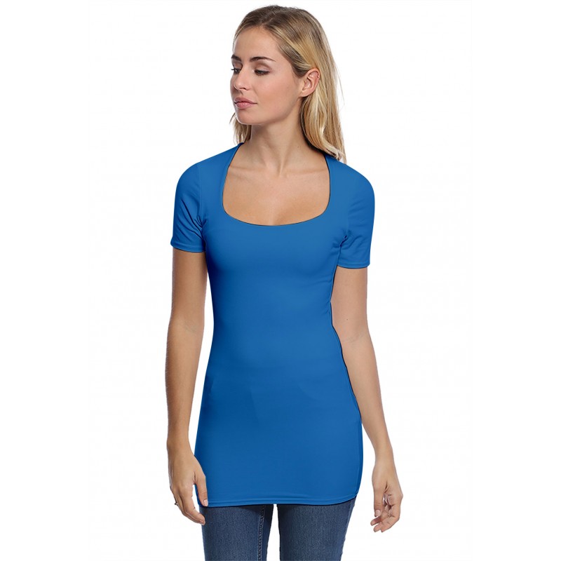 T-shirt long col carré doublé devant manches courtes en modal CLARA08