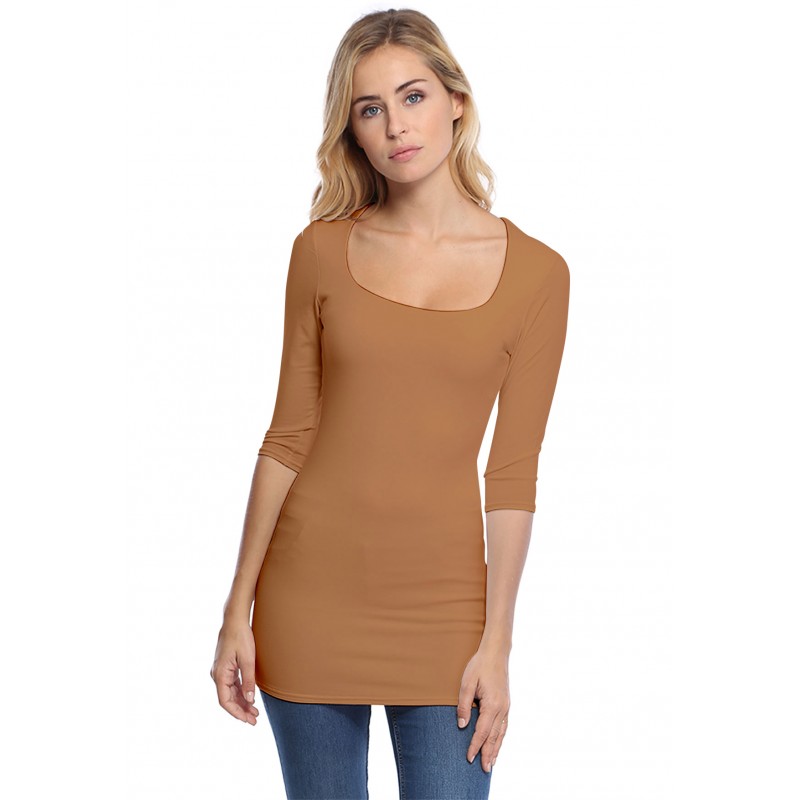 T-shirt long col carré doublé devant manches 3-4 en viscose CLARA09 T-shirt long col carré doublé devant manches 3-4 en viscose CLARA09