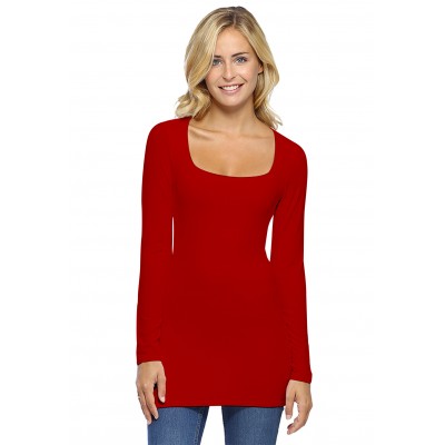 T-shirt long col carré doublé devant manches longues en viscose