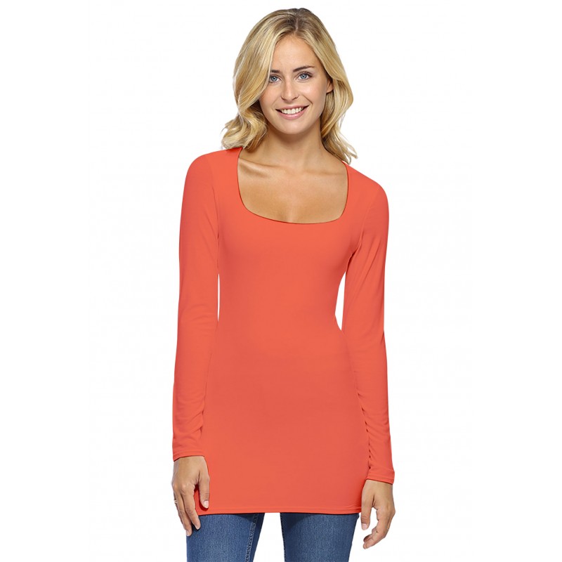 T-shirt long col carré doublé devant manches longues en viscose T-shirt long col carré doublé devant manches longues en viscose