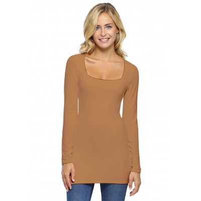 T-shirt long col carré doublé devant manches longues en viscose