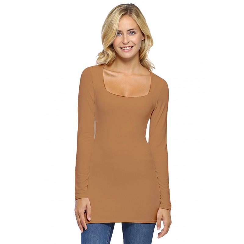T-shirt long col carré doublé devant manches longues en viscose T-shirt long col carré doublé devant manches longues en viscose
