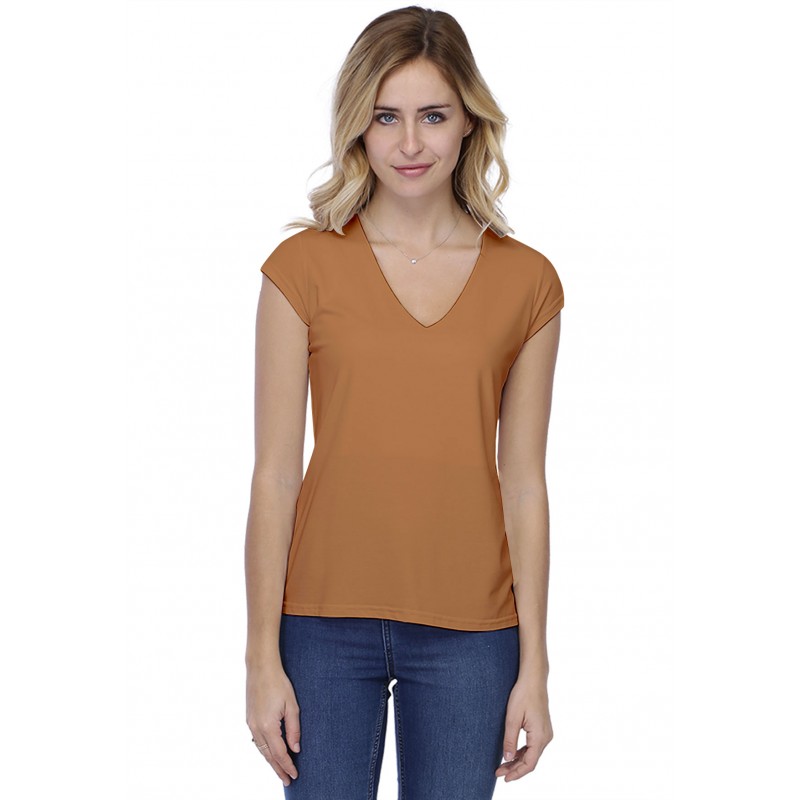 T-shirt coupe droite col V doublé devant manches capes en modal BAY02 T-shirt coupe droite col V doublé devant manches capes en modal BAY02