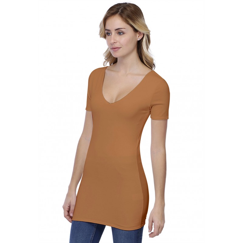 T-shirt long col V doublé manches courtes en modal VIVI08 T-shirt long col V doublé manches courtes en modal VIVI08