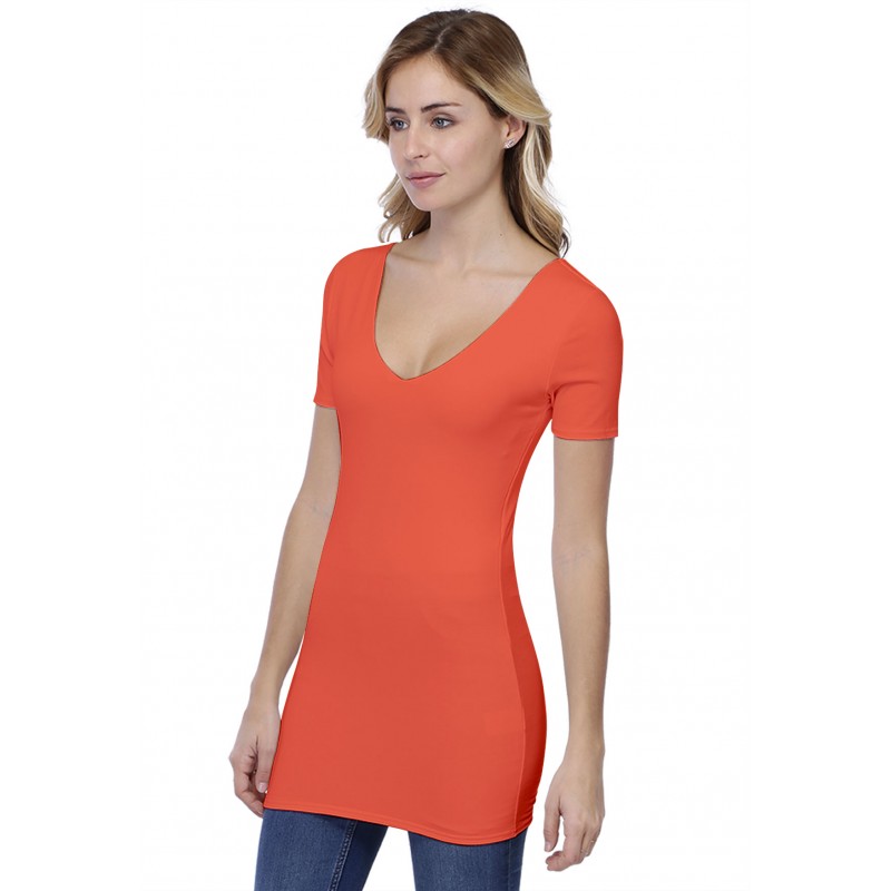 T-shirt long col V doublé manches courtes en modal VIVI08 T-shirt long col V doublé manches courtes en modal VIVI08