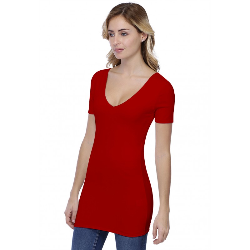 T-shirt long col V doublé manches courtes en modal VIVI08 T-shirt long col V doublé manches courtes en modal VIVI08