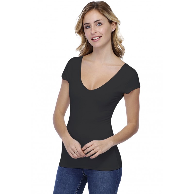 T-shirt col V doublé devant et derrière manches courtes en modal VIVI02 T-shirt col V doublé devant et derrière manches courtes en modal VIVI02