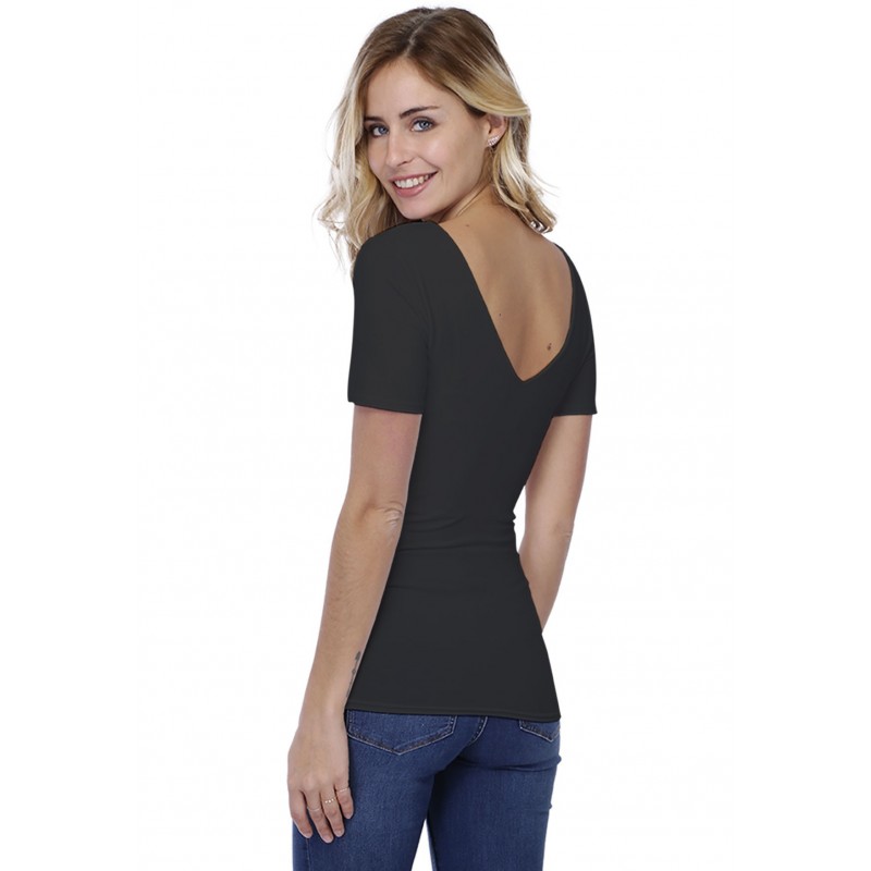 T-shirt col V doublé devant et derrière manches courtes en modal VIVI03 T-shirt col V doublé devant et derrière manches courtes en modal VIVI03