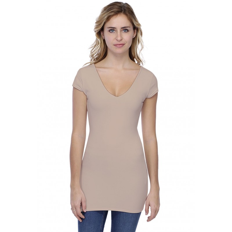 T-shirt long col V manches courtes capes en modal VIVI07 T-shirt long col V manches courtes capes en modal VIVI07