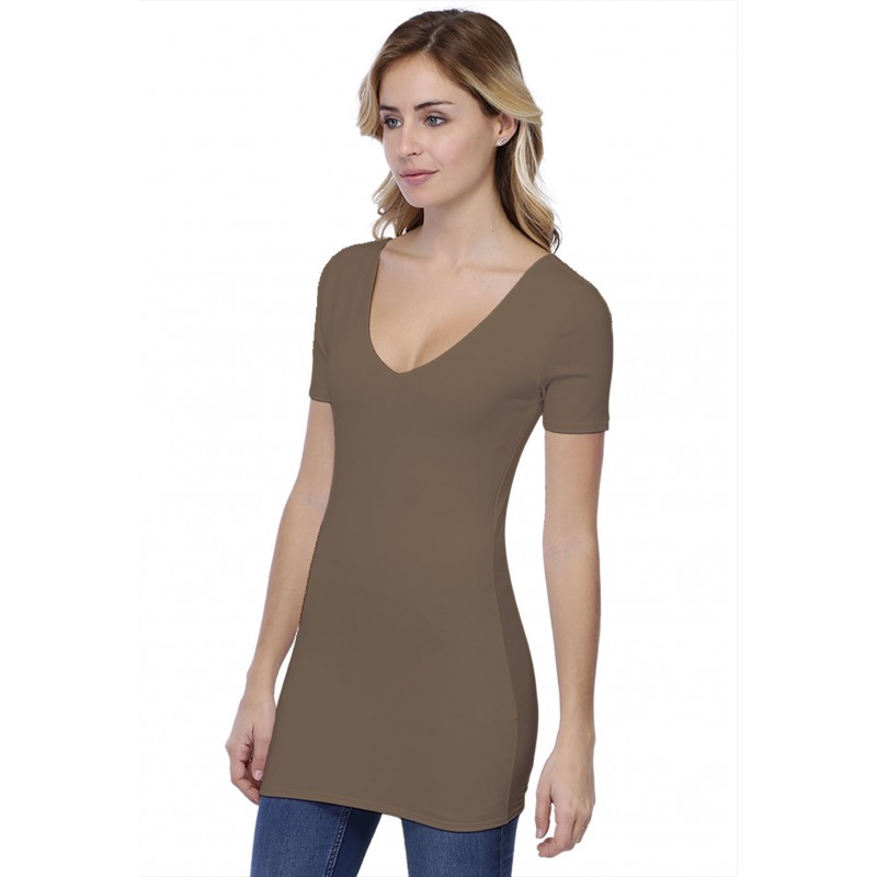 T-shirt long col V doublé manches courtes en modal VIVI08 T-shirt long col V doublé manches courtes en modal VIVI08