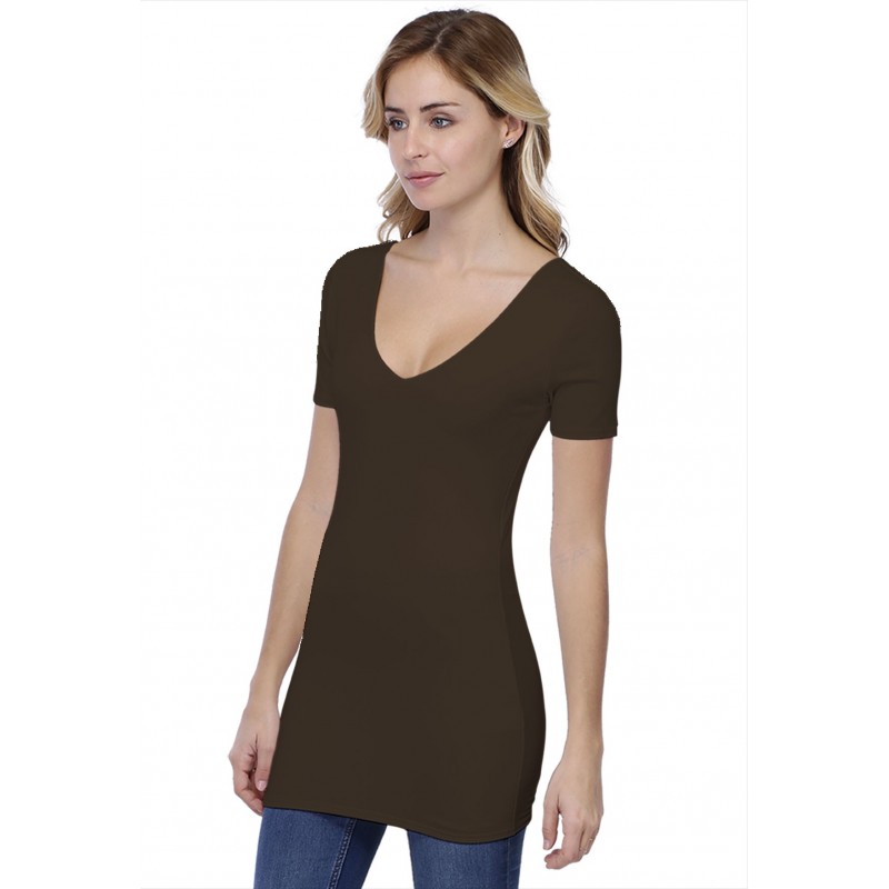 T-shirt long col V doublé manches courtes en modal VIVI08 T-shirt long col V doublé manches courtes en modal VIVI08