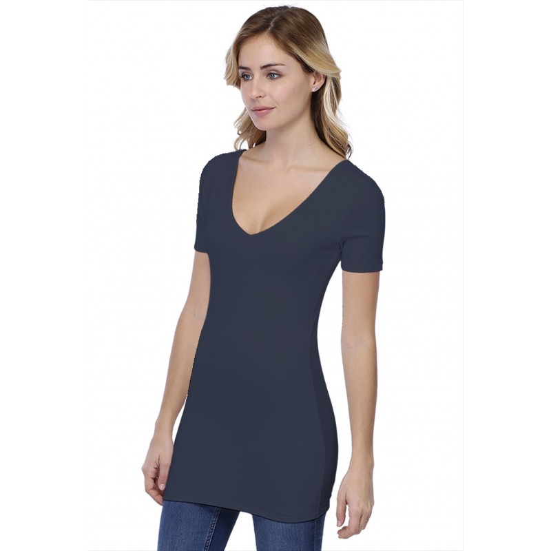 T-shirt long col V doublé manches courtes en modal VIVI08 T-shirt long col V doublé manches courtes en modal VIVI08