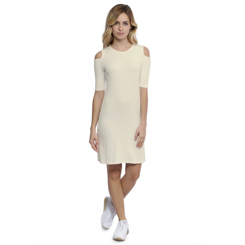 Robe col rond épaules nues manches courtes en modal LUNA Robe col rond épaules nues manches courtes en modal LUNA