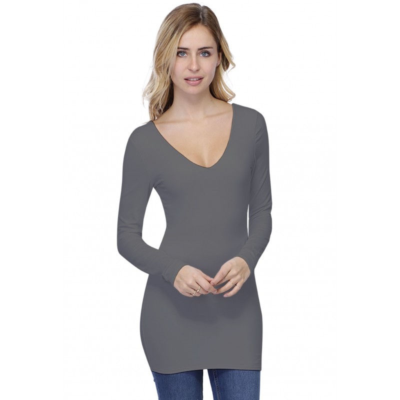 T-shirt long col V devant et dos manches longues en modal VIVI10 T-shirt long col V devant et dos manches longues en modal VIVI10