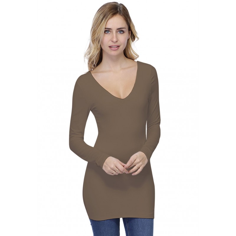 T-shirt long col V devant et dos manches longues en modal VIVI10 T-shirt long col V devant et dos manches longues en modal VIVI10