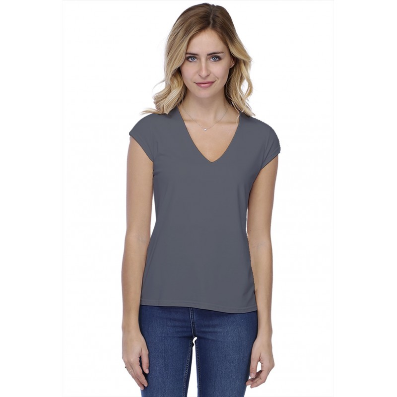T-shirt coupe droite col V doublé devant manches capes en modal BAY02 T-shirt coupe droite col V doublé devant manches capes en modal BAY02