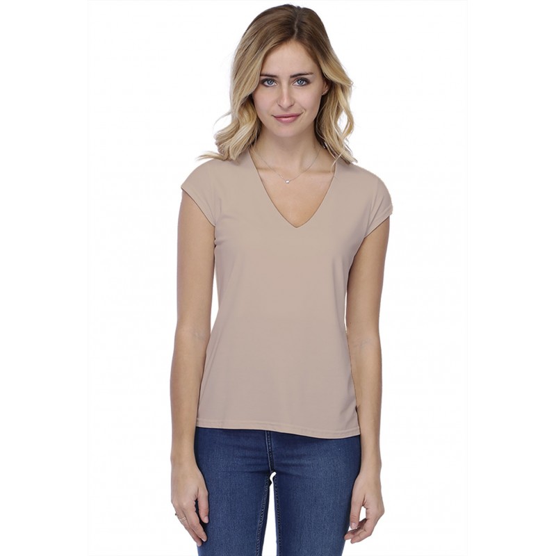 T-shirt coupe droite col V doublé devant manches capes en modal BAY02 T-shirt coupe droite col V doublé devant manches capes en modal BAY02