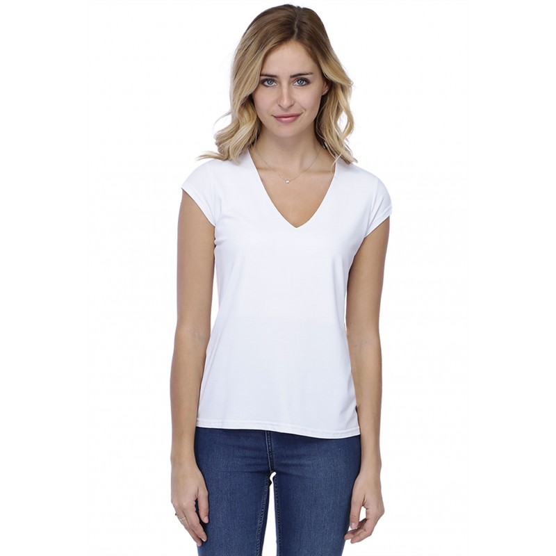 T-shirt coupe droite col V doublé devant manches capes en modal BAY02 T-shirt coupe droite col V doublé devant manches capes en modal BAY02