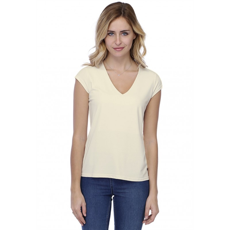 T-shirt coupe droite col V doublé devant manches capes en modal BAY02 T-shirt coupe droite col V doublé devant manches capes en modal BAY02