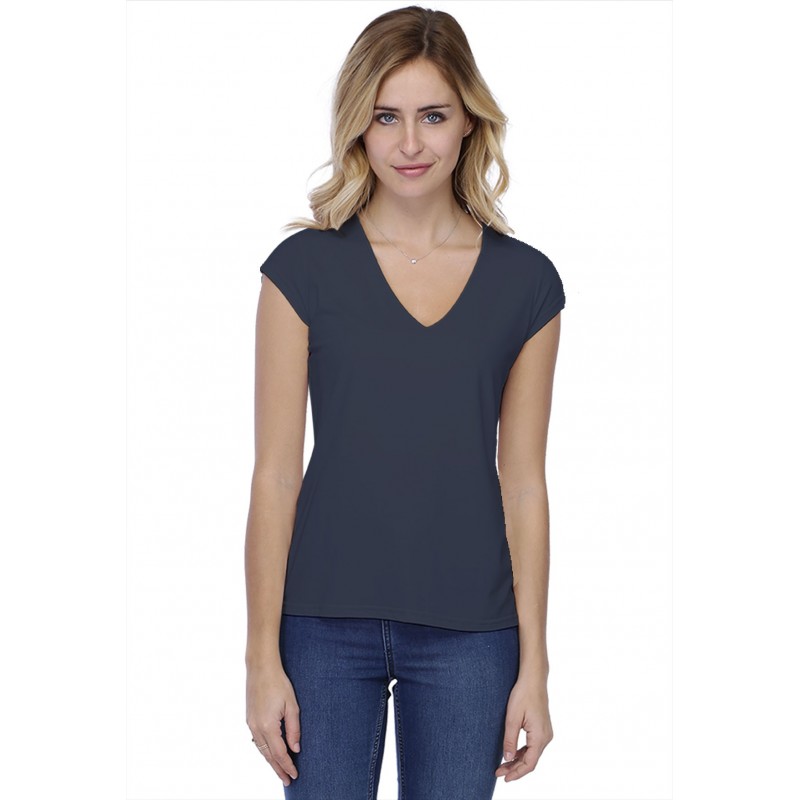 T-shirt coupe droite col V doublé devant manches capes en modal BAY02 T-shirt coupe droite col V doublé devant manches capes en modal BAY02