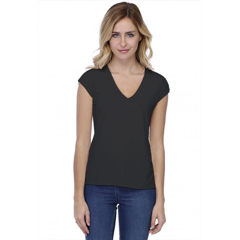 T-shirt coupe droite col V doublé devant manches capes en modal BAY02 T-shirt coupe droite col V doublé devant manches capes en modal BAY02
