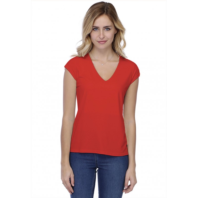 T-shirt coupe droite col V doublé devant manches capes en modal BAY02 T-shirt coupe droite col V doublé devant manches capes en modal BAY02