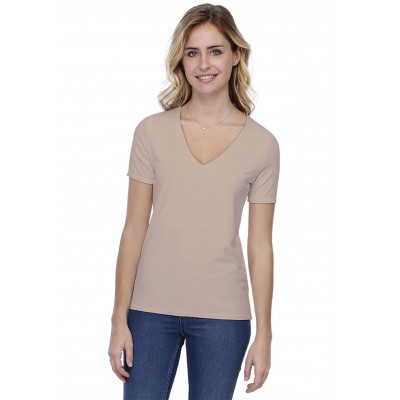T-shirt coupe droite col V doublé devant manches courtes en modal BAY03