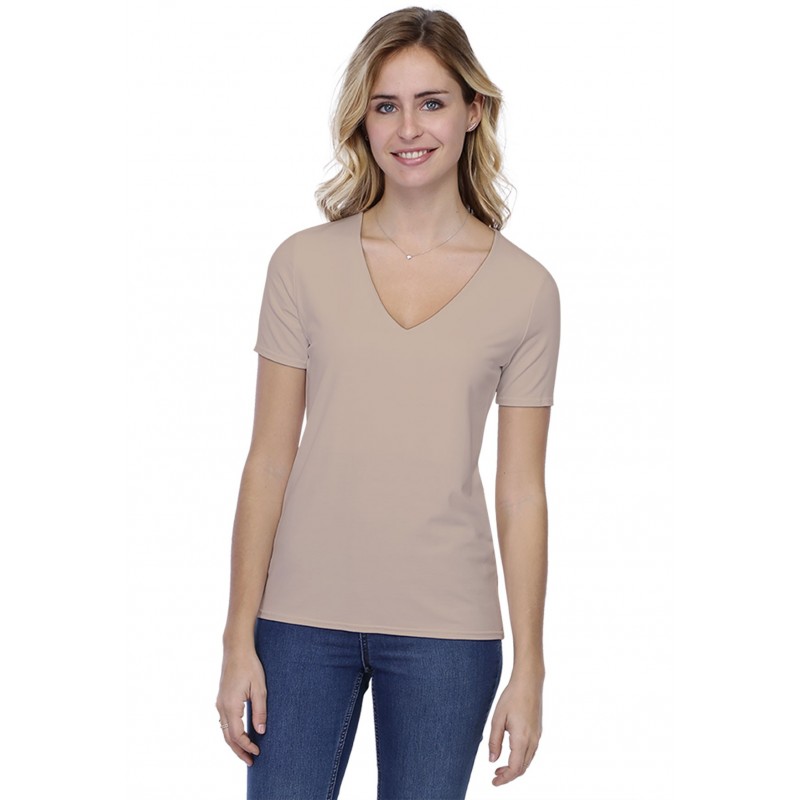 T-shirt coupe droite col V doublé devant manches courtes en modal BAY03 T-shirt coupe droite col V doublé devant manches courtes en modal BAY03