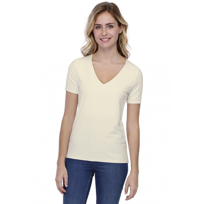 T-shirt coupe droite col V doublé devant manches courtes en modal BAY03 T-shirt coupe droite col V doublé devant manches courtes en modal BAY03