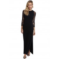Robe longue col rond fendue sur le côté manche dentelle RUBIS