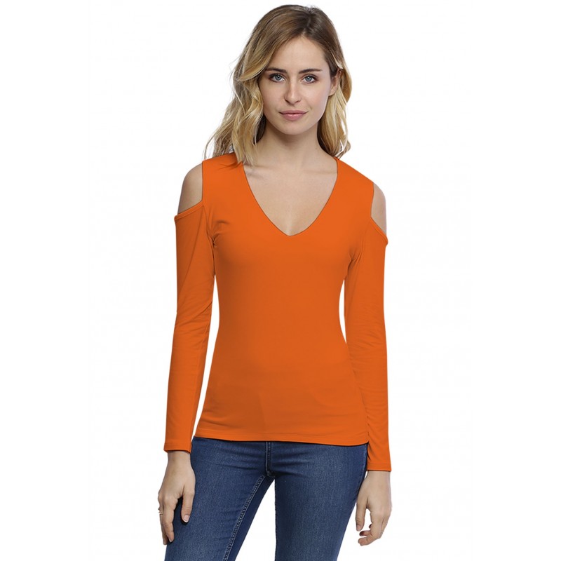 T-shirt col V épaules nues manches longues en modal ALBA05 T-shirt col V épaules nues manches longues en modal ALBA05