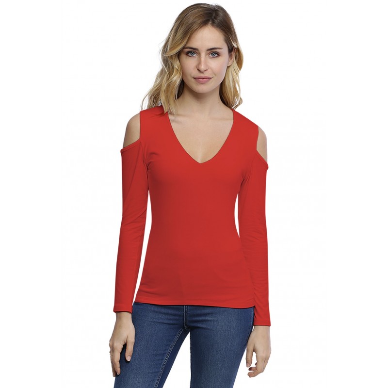 T-shirt col V épaules nues manches longues en modal ALBA05 T-shirt col V épaules nues manches longues en modal ALBA05
