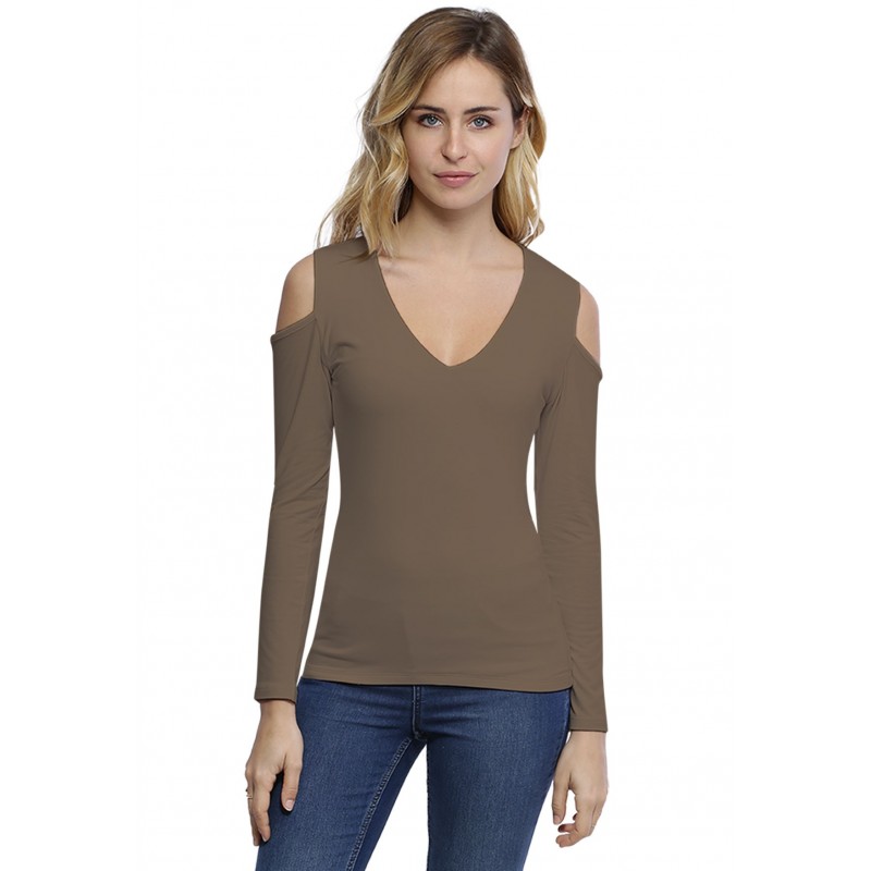 T-shirt col V épaules nues manches longues en modal ALBA05 T-shirt col V épaules nues manches longues en modal ALBA05