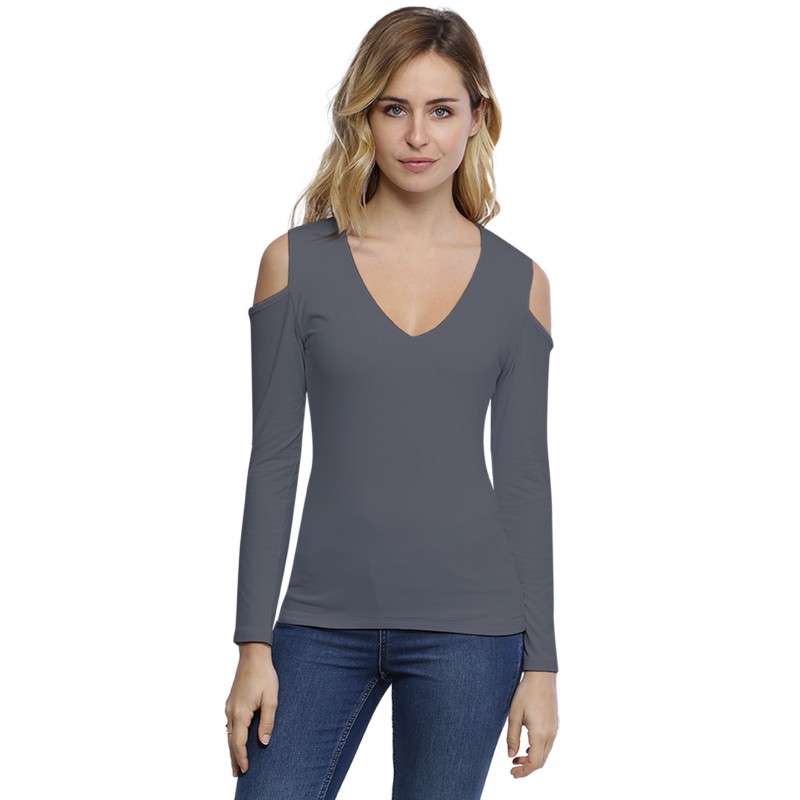 T-shirt col V épaules nues manches longues en modal ALBA05 T-shirt col V épaules nues manches longues en modal ALBA05