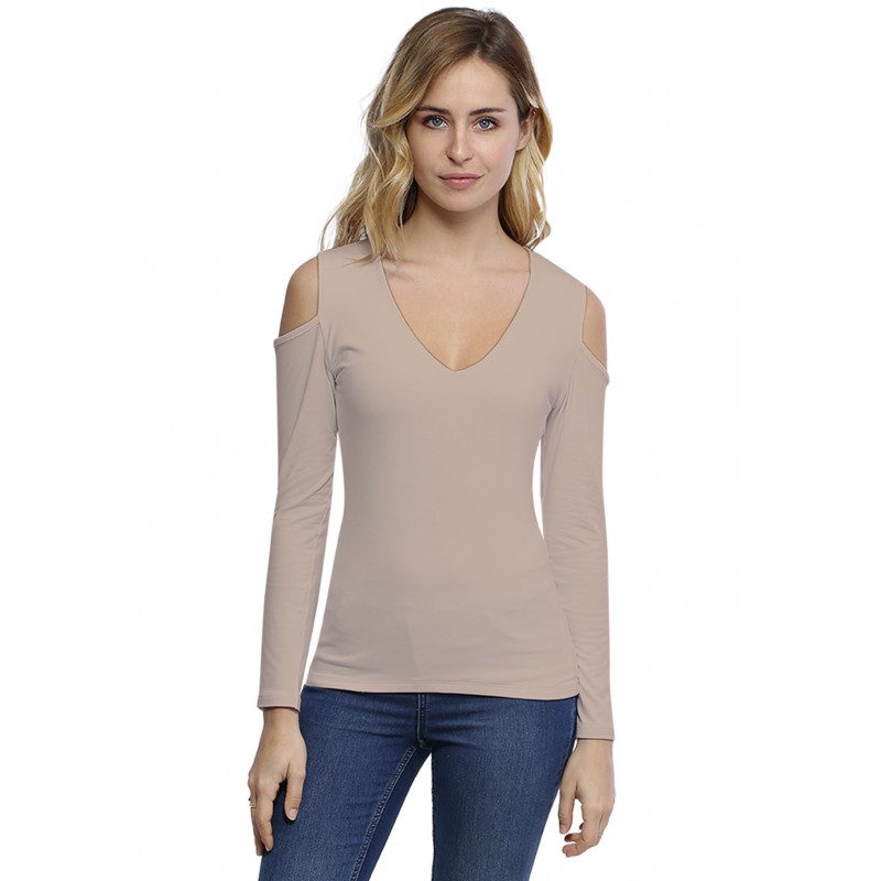 T-shirt col V épaules nues manches longues en modal ALBA05 T-shirt col V épaules nues manches longues en modal ALBA05