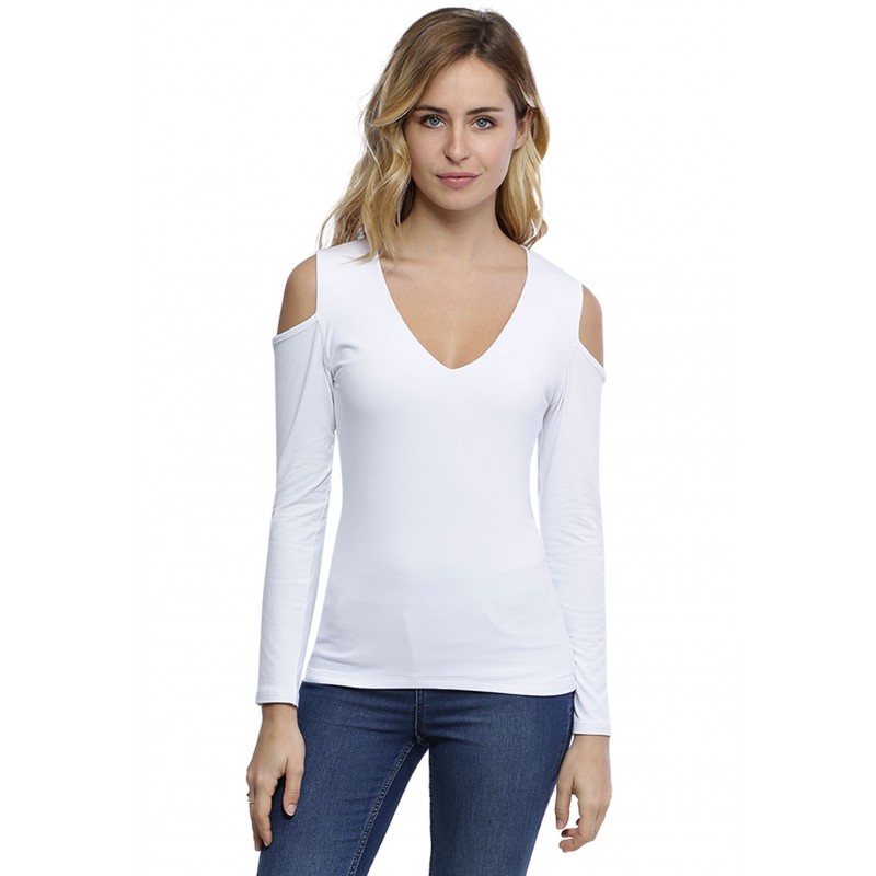 T-shirt col V épaules nues manches longues en modal ALBA05 T-shirt col V épaules nues manches longues en modal ALBA05